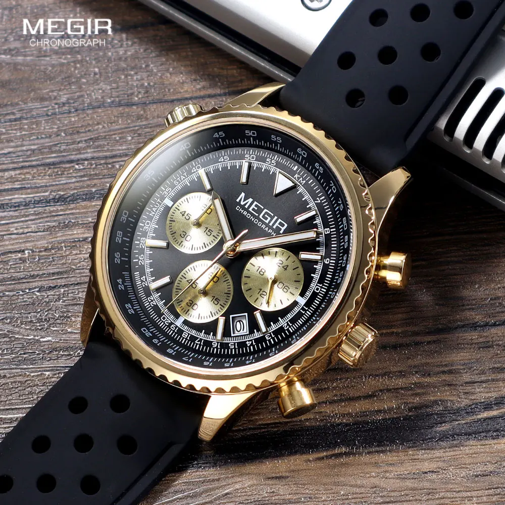 

MEGIR Men's Quartz Watch Fashion Waterproof Luminous Chronograph Wristwatch with Date 24-hour Indicator Black Silicone Band 2236