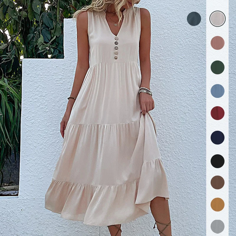 

Summer Tank Skirt Sleeveless Loose Casual Solid Midi Dress Women Vestidos Sexys Vestido Elegante Mujer Sundress Roupas Femininas