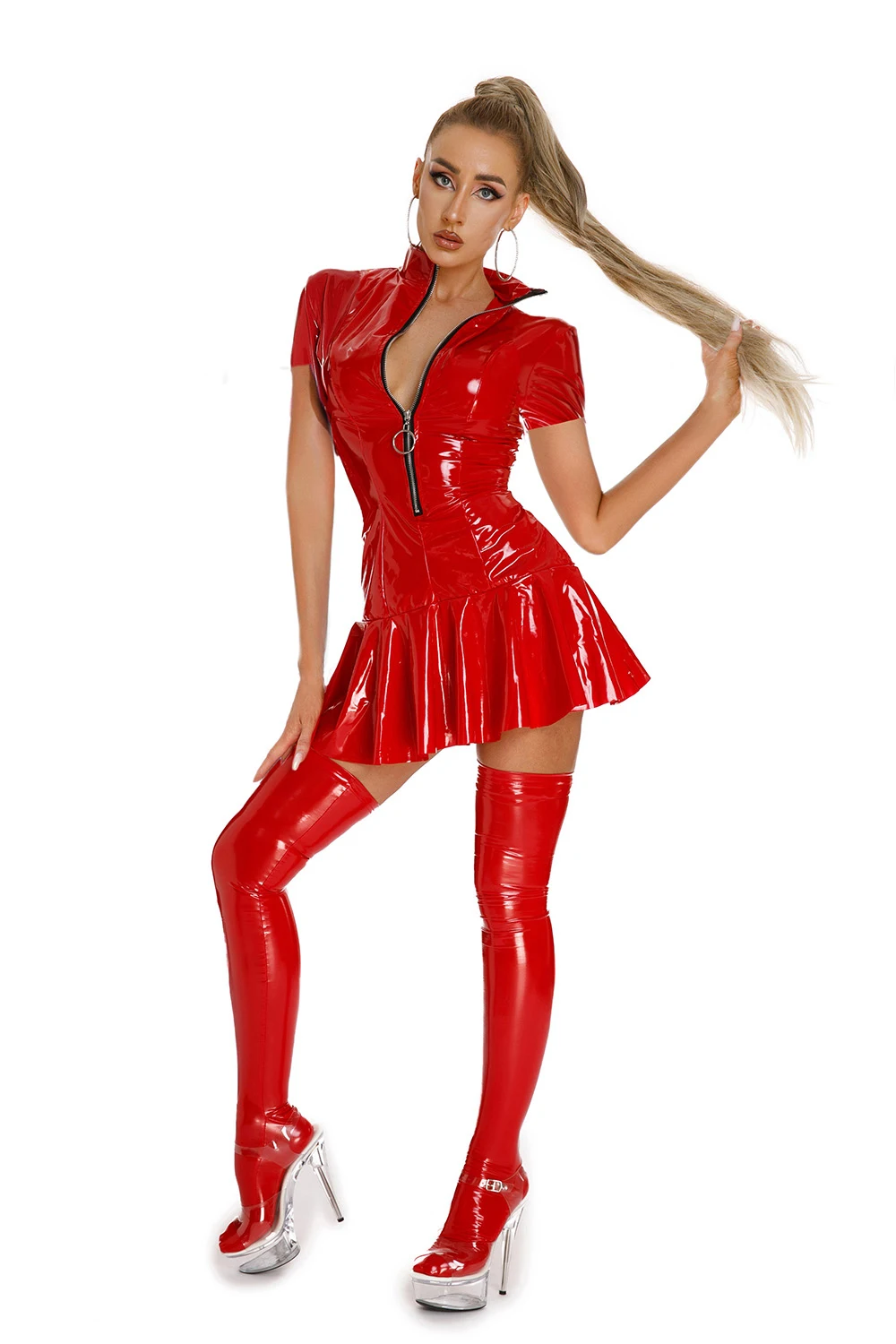 Dames wetlook bodycon jurk van kunstleer met rits_voghion.com
