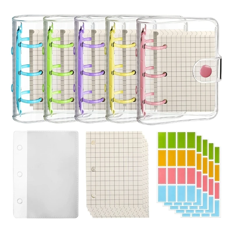 

5 Sets Mini PVC 3 Rings Binder Covers with Inner Paper, Labels, 3 Rings Card Pocket for DIY Loose Leaf Notebook