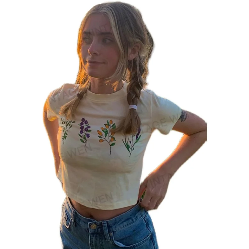 

Vintage Flower Print High Waist Short Sleeve T-shirt Women's Summer European and American Top