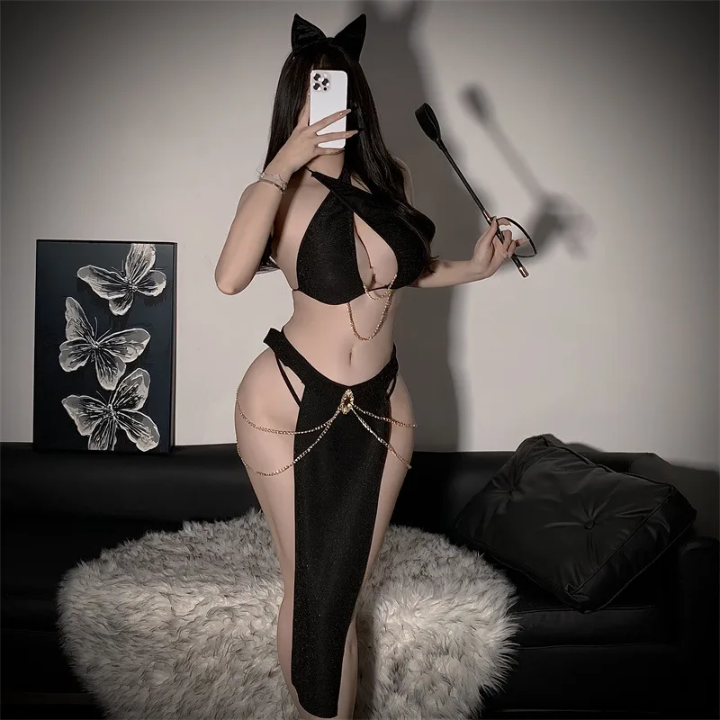 Erotic lingerie Hanging neck deep v tight fitting exposed breast split chain fetish