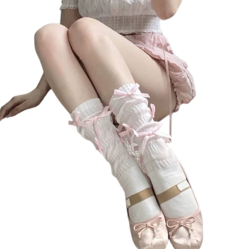 여자 송아지 양말 봄과 가을 캠퍼스 스타일 양말 Bowknot 무릎 높은 양말