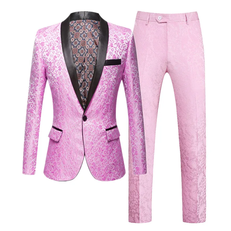 

(Jacket+Pants) Men Luxury Jacquard Suit 2 Piece Pink Black Fashion Men's Business Social Wedding Party Tuxedo Blazers Trousers