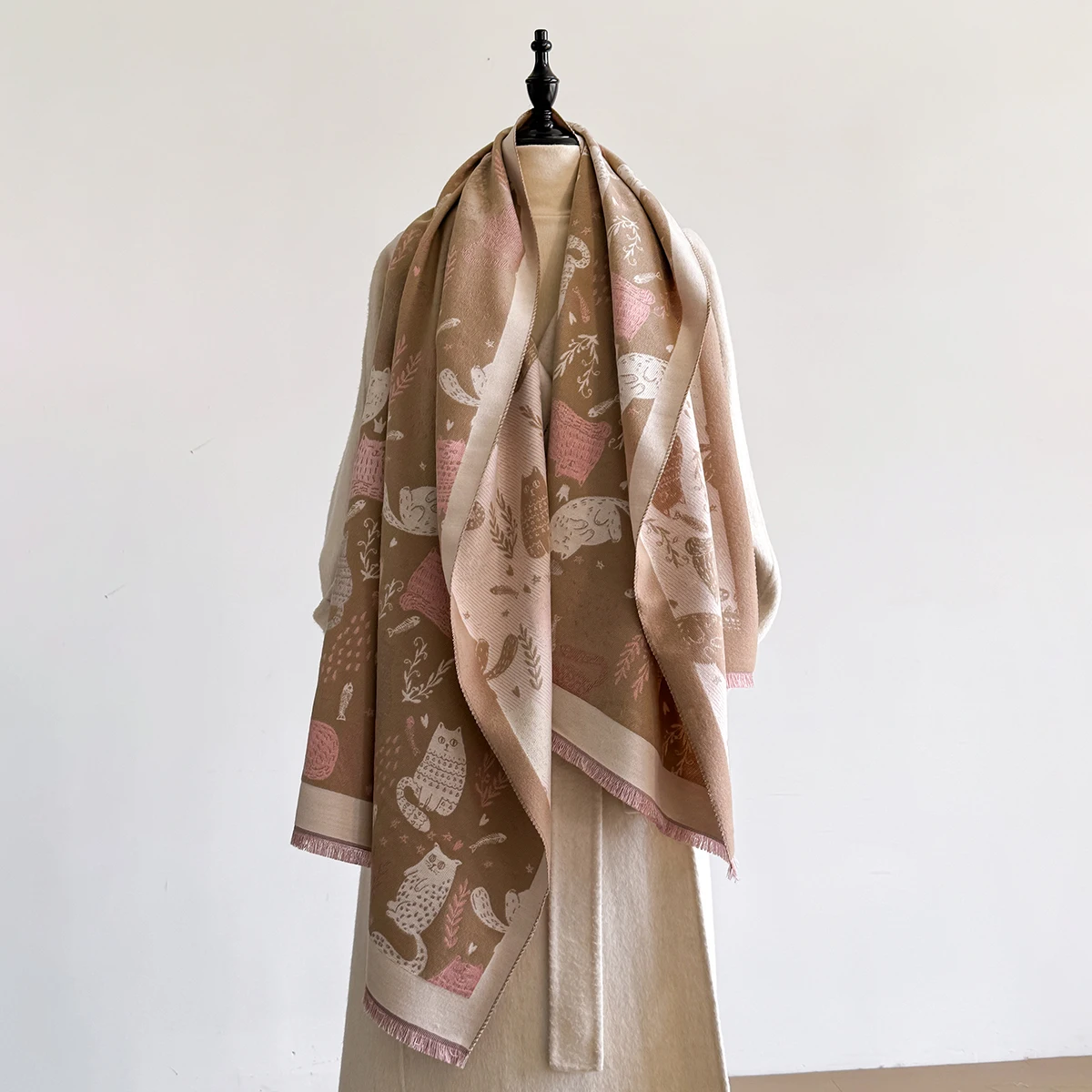 2025 Luxury Cat Print Cashmere Scarf Women's Winter Double-Sided Thick Warm Female Shawl Scarf Pashmina Scarves Hijab Stoles