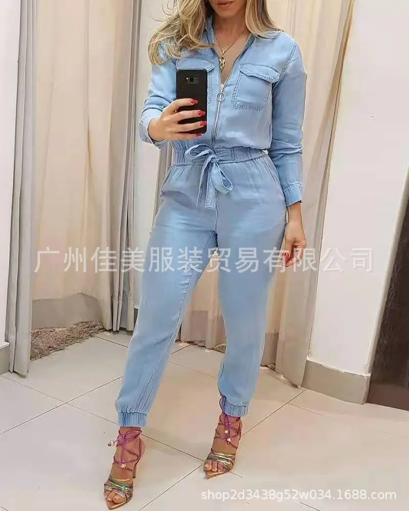 

2023 Spring and Autumn New Blue Zipper One Piece Pants for Women