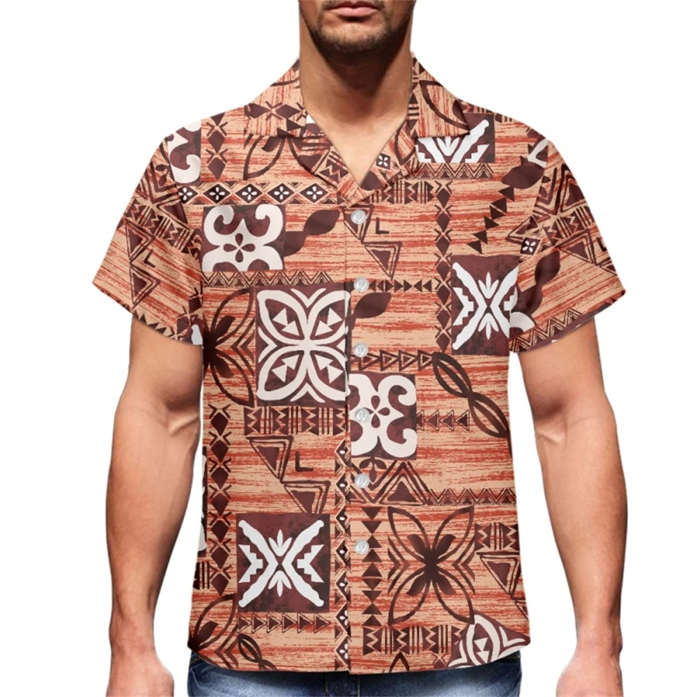 

Summer Men Aloha Hawaiian Button Down Shirts Polynesian Tribal Clothing Brown Samoa Tapa Casual Beachwear Loose Shirt 2023