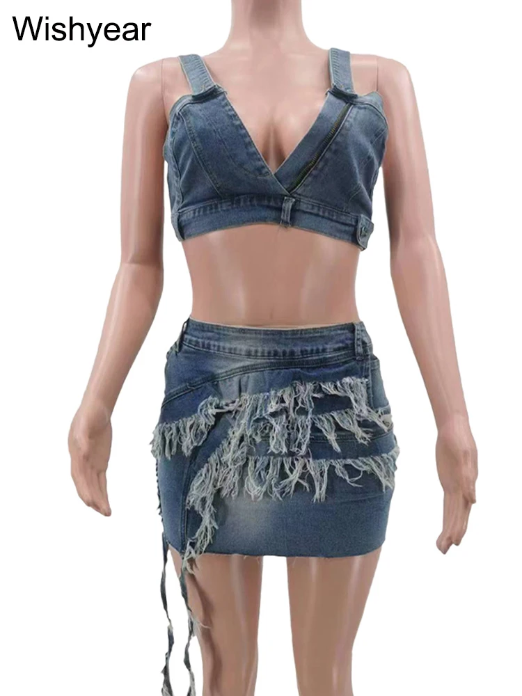 Sexy Sleeveless V Neck Crop Top and Mini Skirt Jean Two Piece
