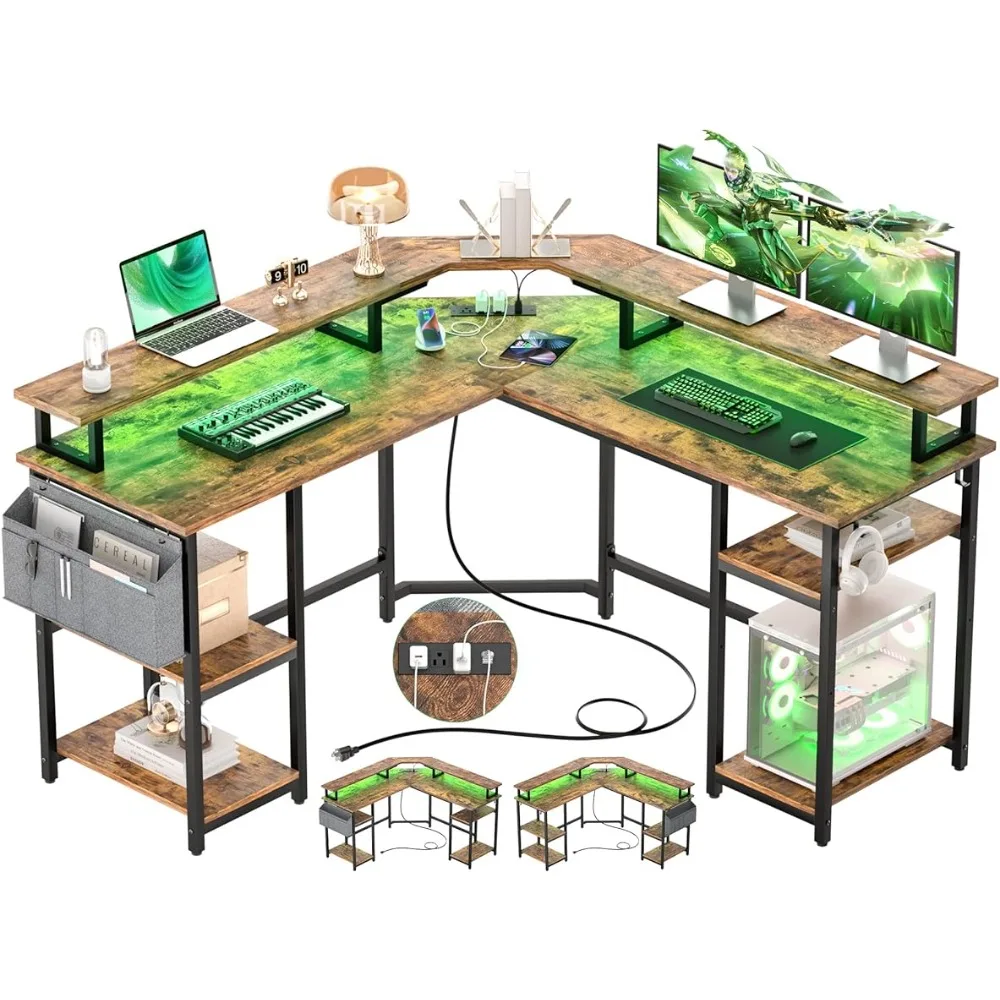 

Aheaplus L Shaped Gaming Desk Power Outlets & LED Lights, Corner Computer Desk Monitor Stand Storage Shelf, Storage Bag