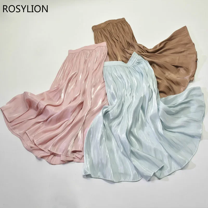 

Women Korean Pleated Skirt Spring Summer Elastic Waist Pearl Shiny Silky Long Over Knee Shed Skirt Elegant Luxury Office Lady