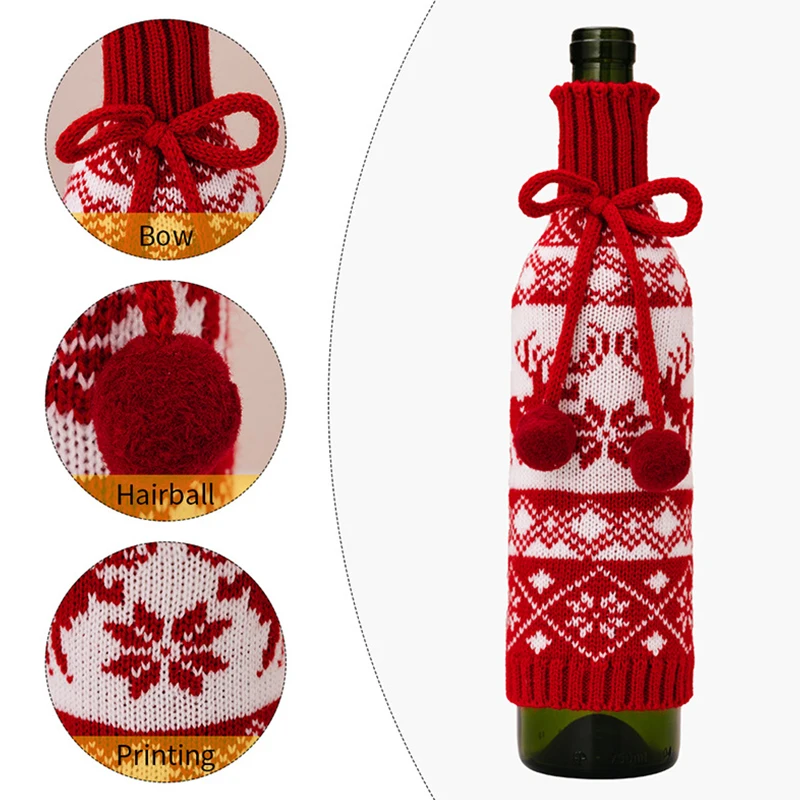 Christmas Knitted Wine Bottle Cover Pompom Bow Decor Santa Costume Snowflake Pattern Wine Bottle Bag Xmas Dinner Table Decor wine bottle cover burlap wine bags