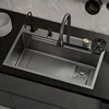 Flying Rain Waterfall Black Handmade Large Single Tank Vegetable Washing Basin Nano Multifunctional Stainless Steel Kitchen Sink 1