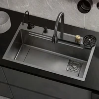Flying Rain Waterfall Black Handmade Large Single Tank Vegetable Washing Basin Nano Multifunctional Stainless Steel Kitchen Sink 1