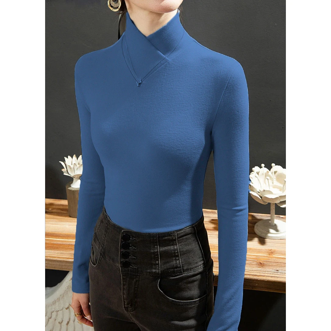 Sweet Elegance Spring Winter Fleecing Thick Velvet Basic Tops Half High Collar Shirt And Blouse Long Sleeve T-shirt for Women