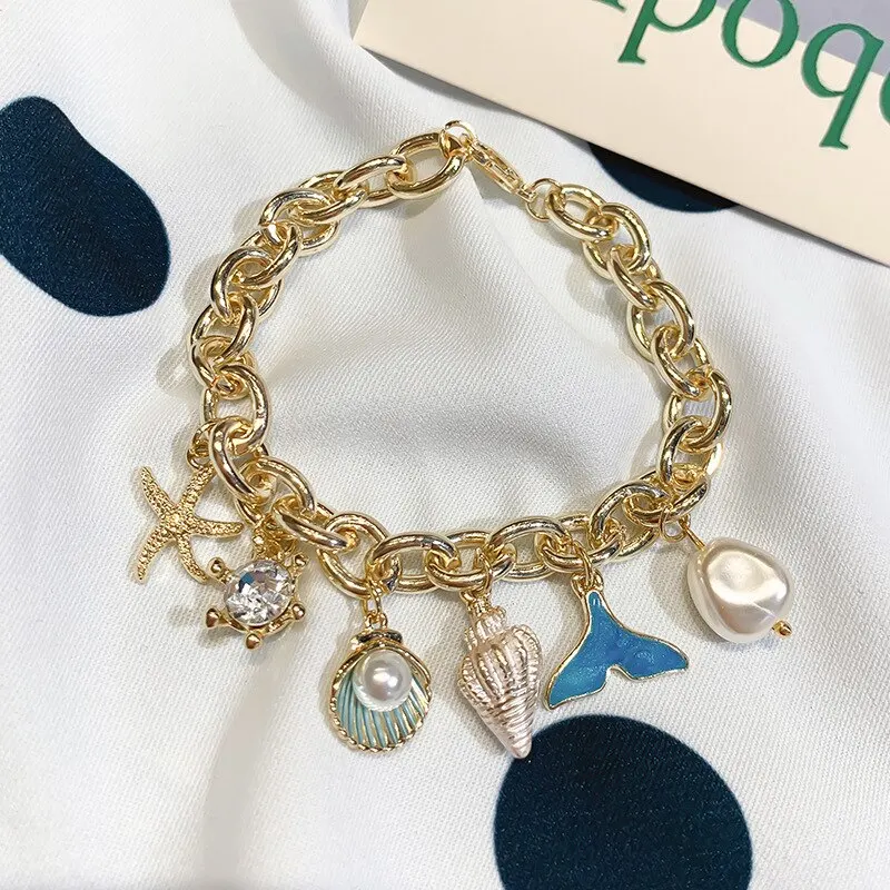 Pulseira feminina com pingente de estrela-do-mar, concha e pérola de imitação, corrente dourada, estilo bracelete, joia para o verão na praia._voghion.com