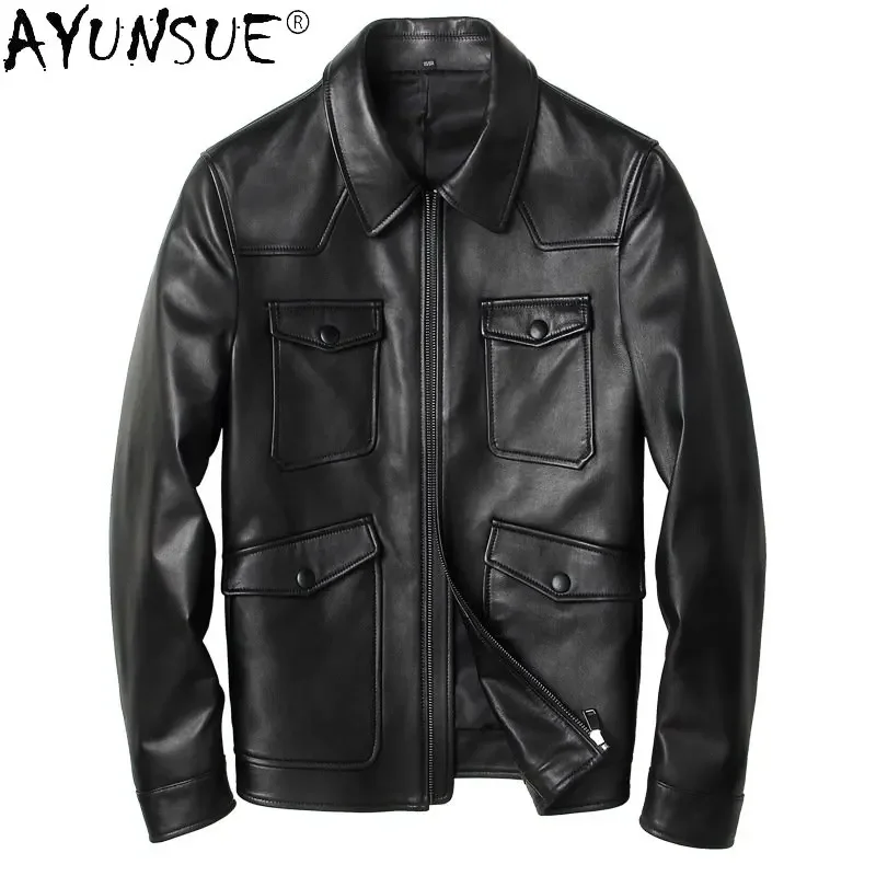 Genuine Leather Jacket Men Clothing Spring Fall Short Fashion Casual Jackets Pure Sheepskin Motorcycle Multiple Pocket Coat FCY