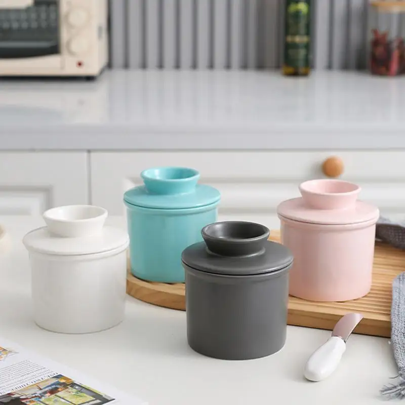 butter jar with lid Ceramic Butter Dish Handmade Big Capacity Butter Keeper Household use Cylindrical cheese butter Sealed can