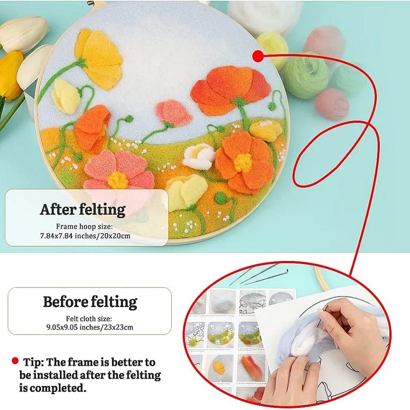 Needle felting kit KRABALL Needle Felting Material Set for Beginner with Instruction Wool Roving Needles Frame Felt Cloth Form Mat for DIY Felting