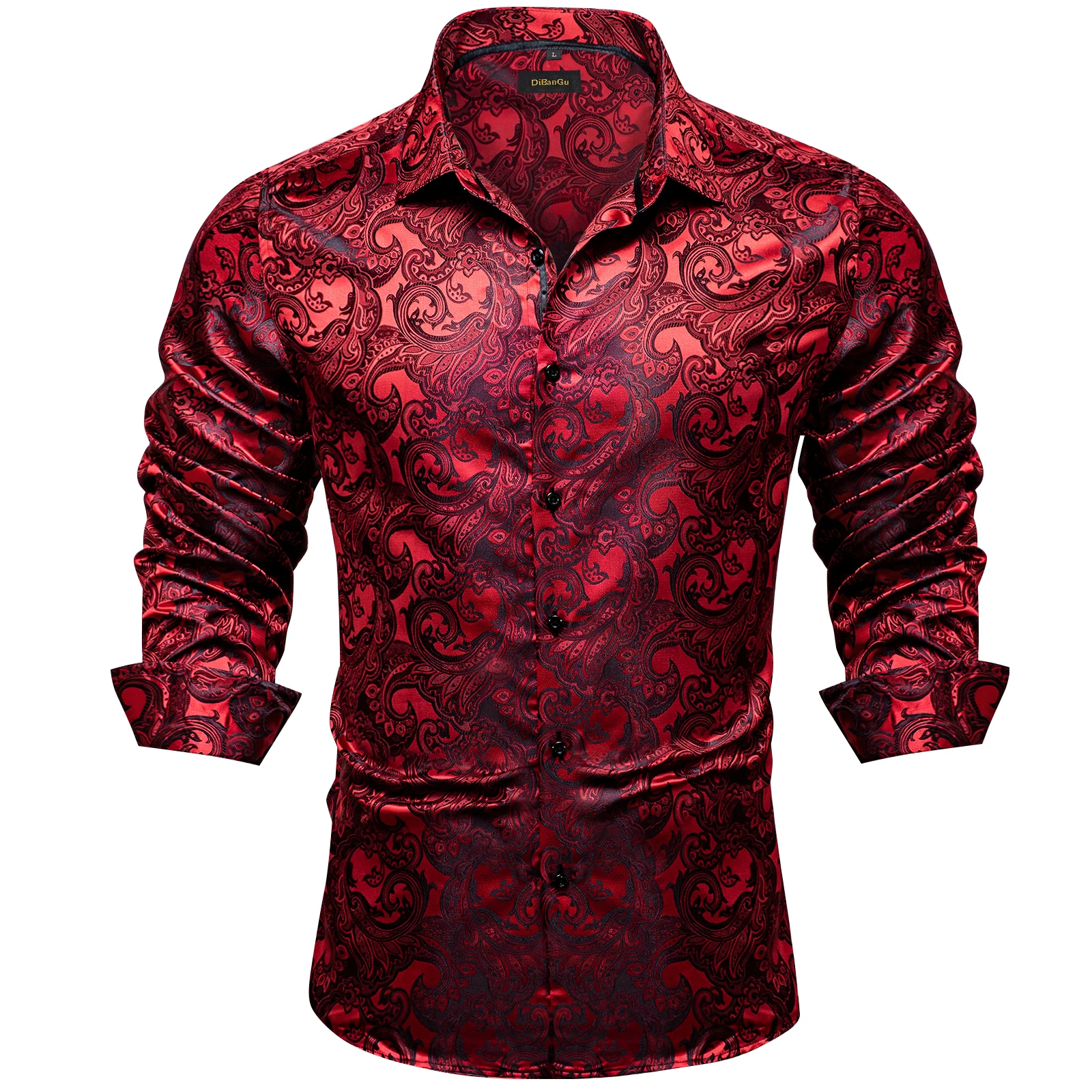 Red Silk Men shirts Long Sleeve Luxury Social Dress Shirt Blouse ...