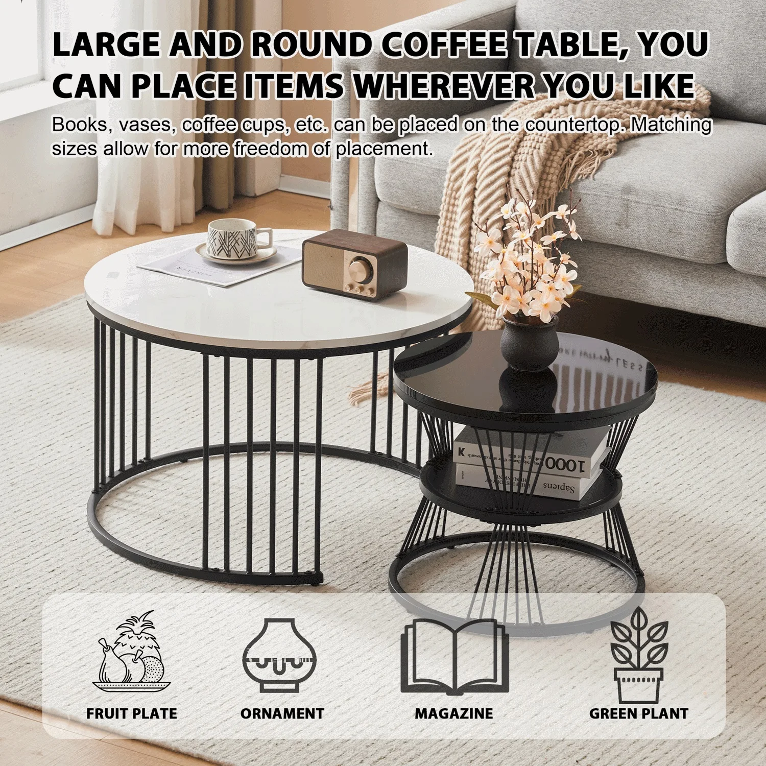 2pcs Modern Coffee Tables Round Nesting Tables Side Table Marbled Industrial Style Furnitures for Living Room, 70x70x45cm – Detail 1