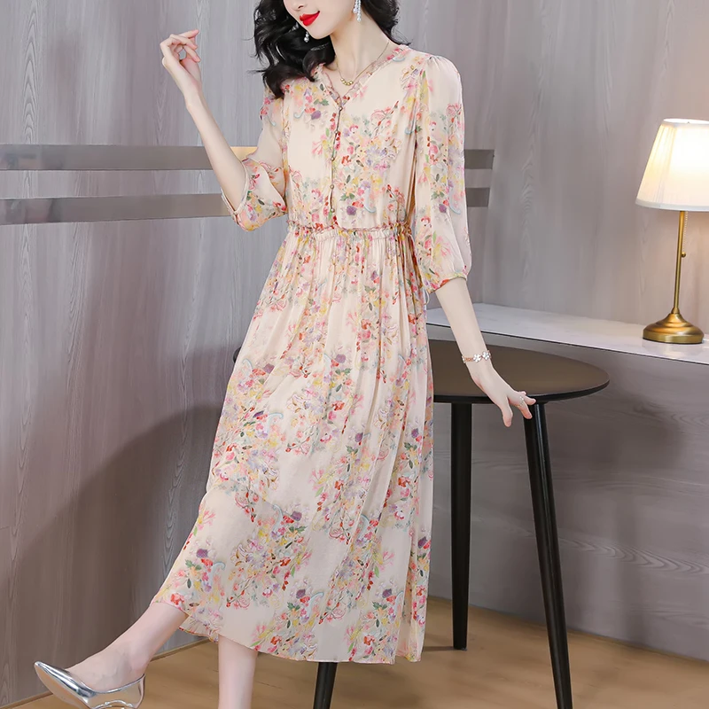 

Женское шелковое платье с цветочным принтом, свободное облегающее длинное платье-трапеция с коротким рукавом, модель 2023 года