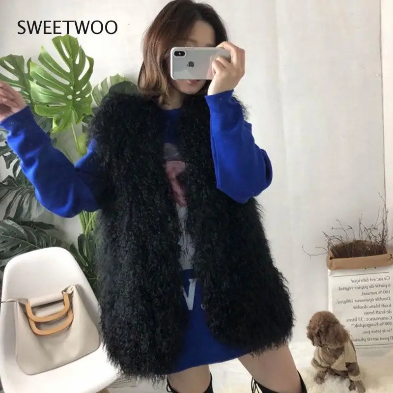 Luxury Thick Warm Mongolia Sheep Faux Fur Vest Customize Size Oversize Big Size Women New Winter Hot V Neck Sexy Fur Coat 2022