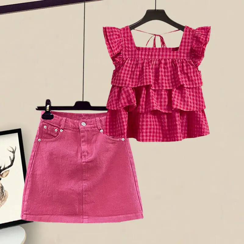 

Summer Dopamine Dressing Single/Outfits 2023 New Arrival Korean Fashion Short Sleeve Top Half Skirt Two Piece Set For Women