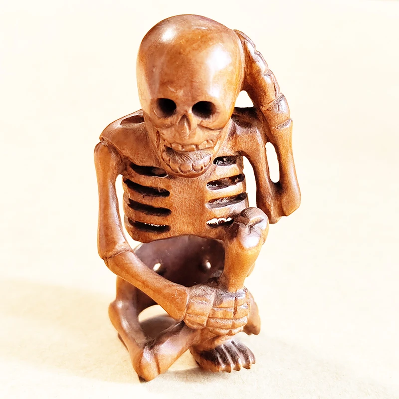 

Y8661 -2" Hand Carved Boxwood Netsuke Figurine : Gothic Skeleton Skull