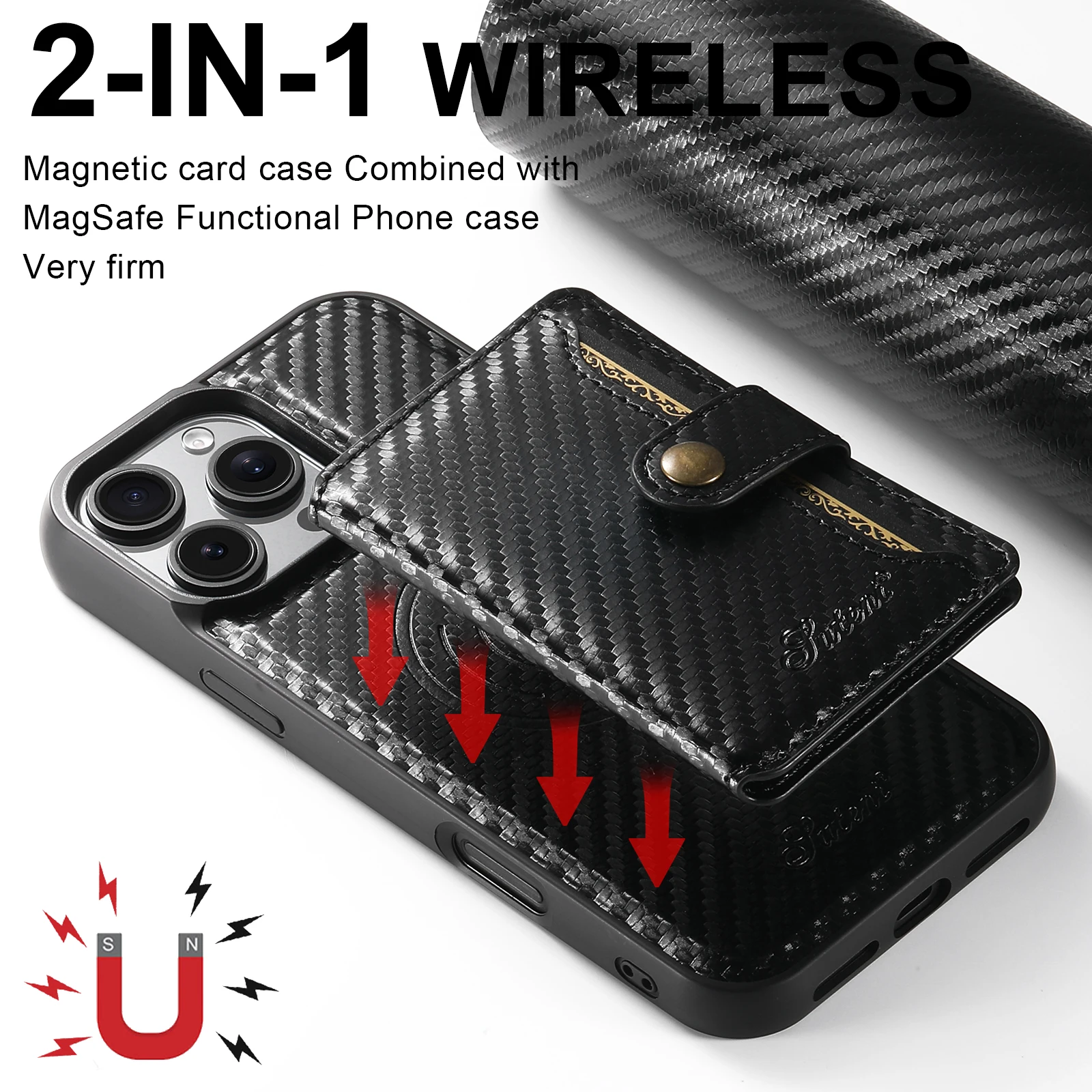 Carbon Fiber Leather Magnetic 2-in-1 Card Holder Wallet Phone Case Support Wireless Charging for iPhone 16ProMax 15Plus 14 13 12 4