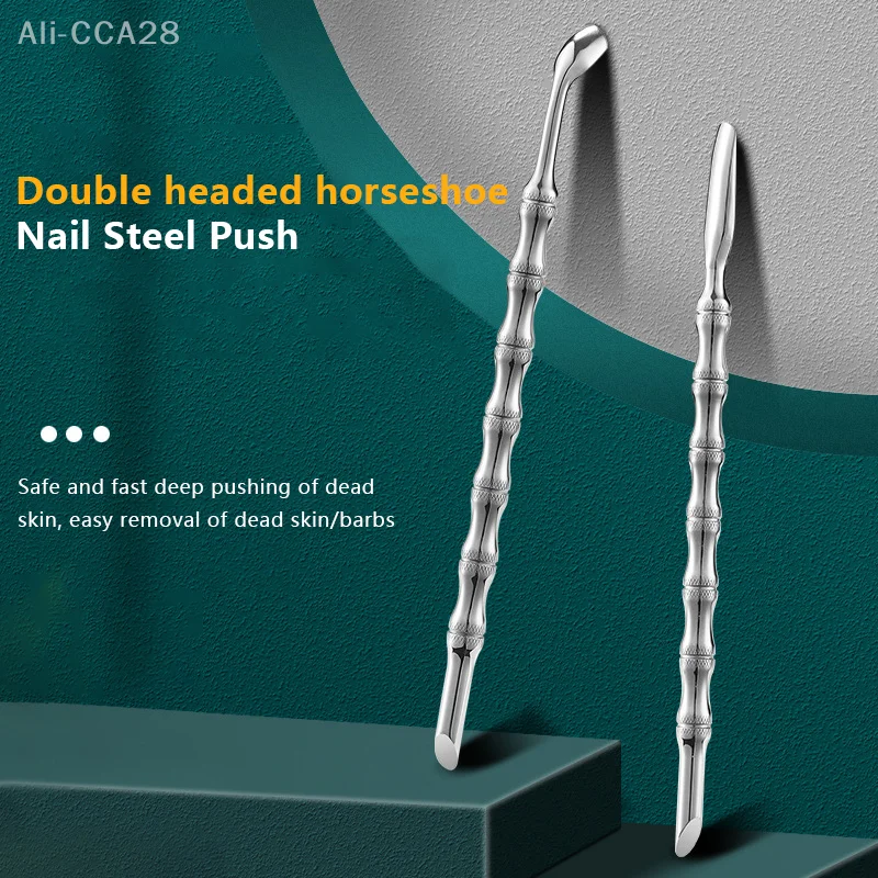 

Double-ended Nail Cuticle Pusher Dead Skin Push Remover Obliquity Arc Knife Horseshoe Head Bamboo Joint Type Anti Slip Handle