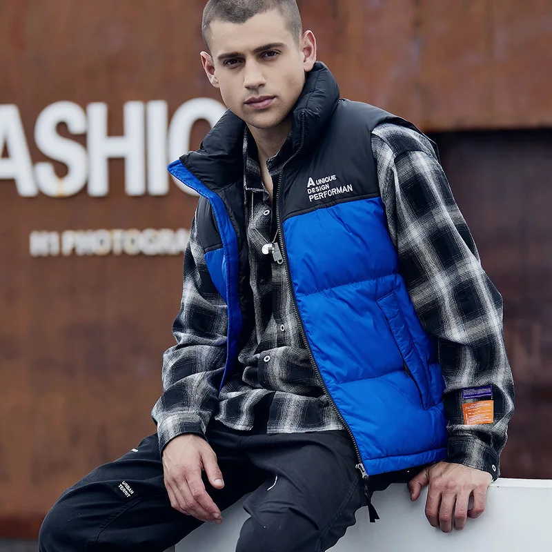 

Men's Outdoor Casual Loose Sleeveless Parkas Winter Thick Warm Cotton Padded Jacket Vest Male Color Block Stand Collar Waistcoat