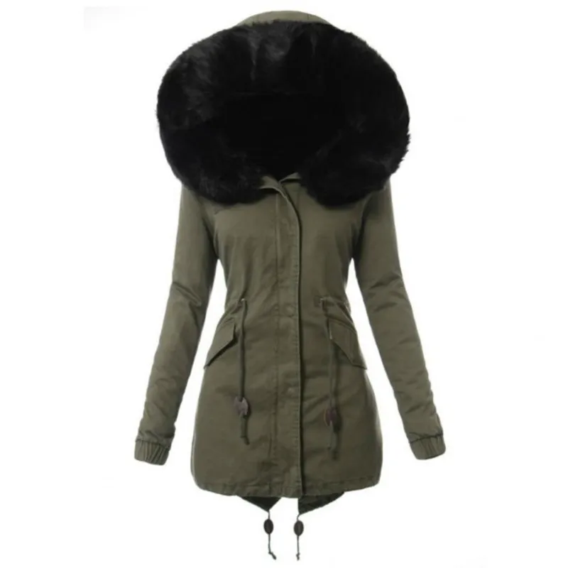 

Ladies Winter Faux Fur Lining Hooded Long Sleeve Thicken Cashmere Overcoat Jacket Medium Long Removable Hooded Parka Coat