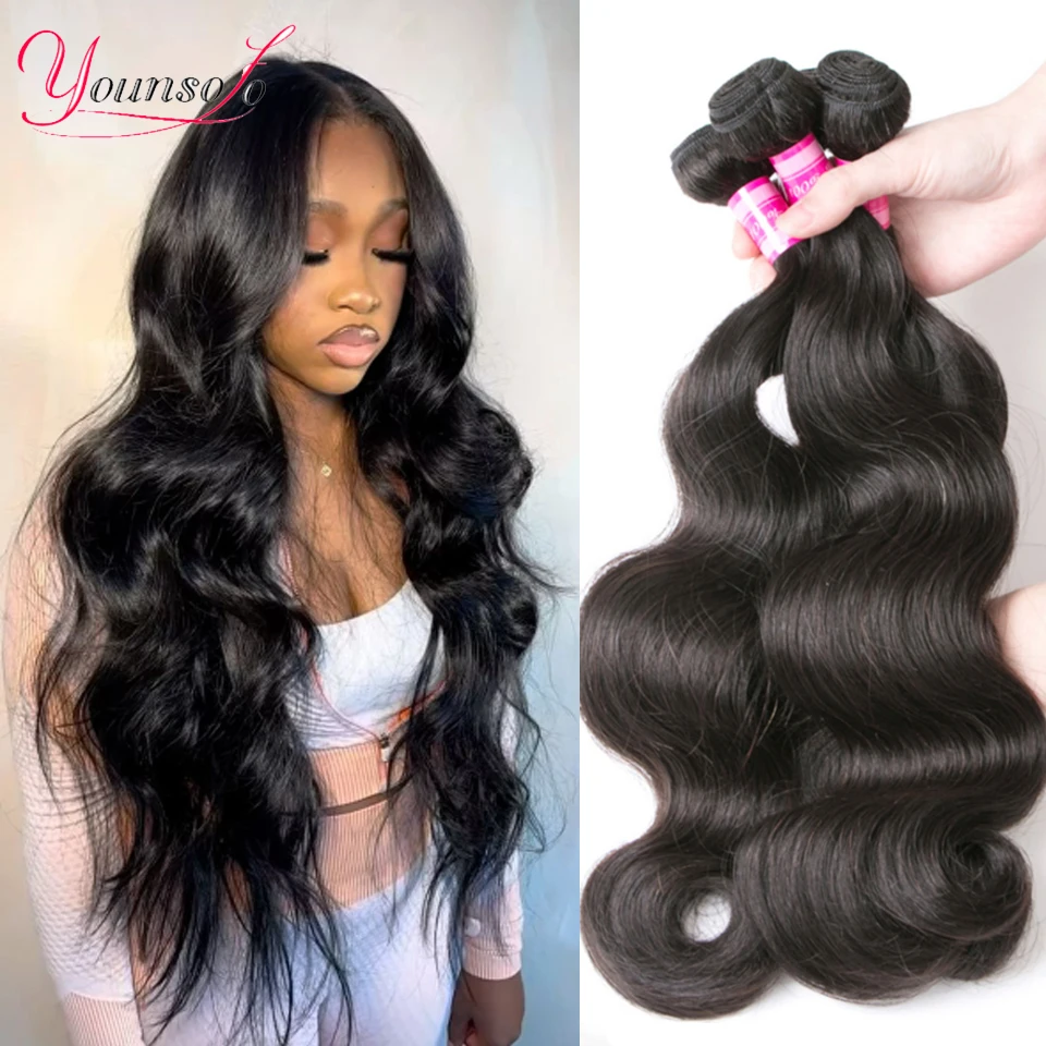 Body Wave Bundles Natural Black Brazilian Human Hair Weave Bundles Hair Extensions 200% Density 4PCS Body Younsolo