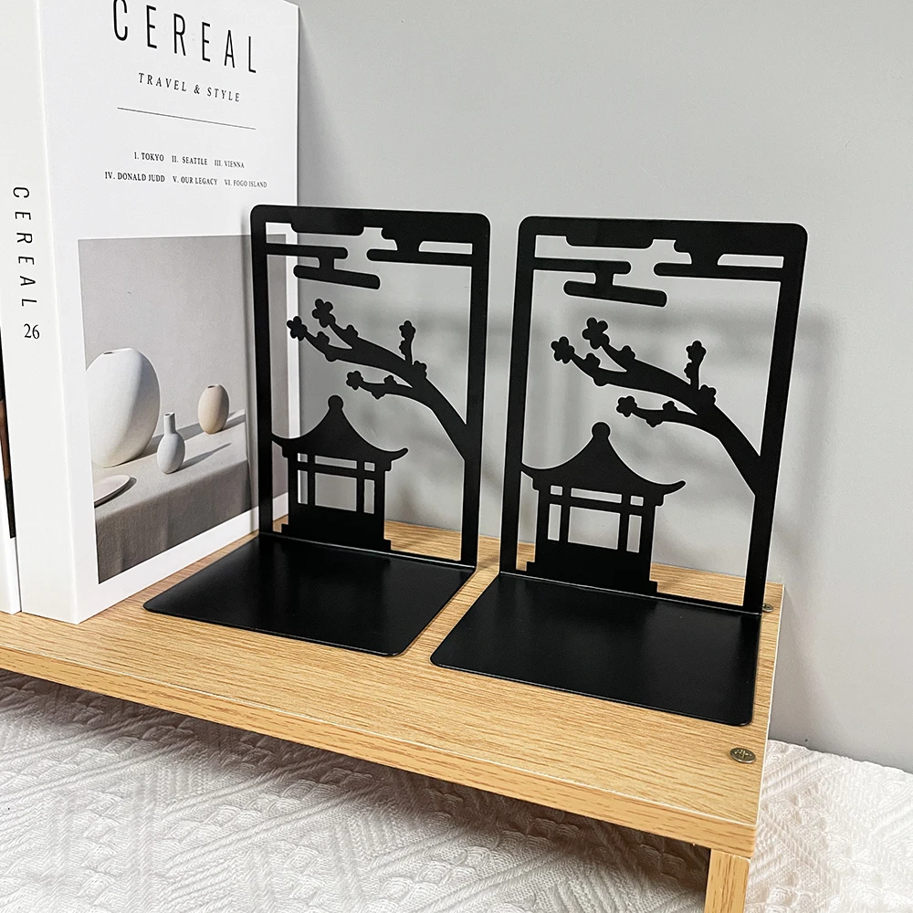 2pcs Chinese Style Gazebo Book End Metal Heavy Duty Bookends for Book Lovers Organising Desktop Home Office Iron Bookends 2