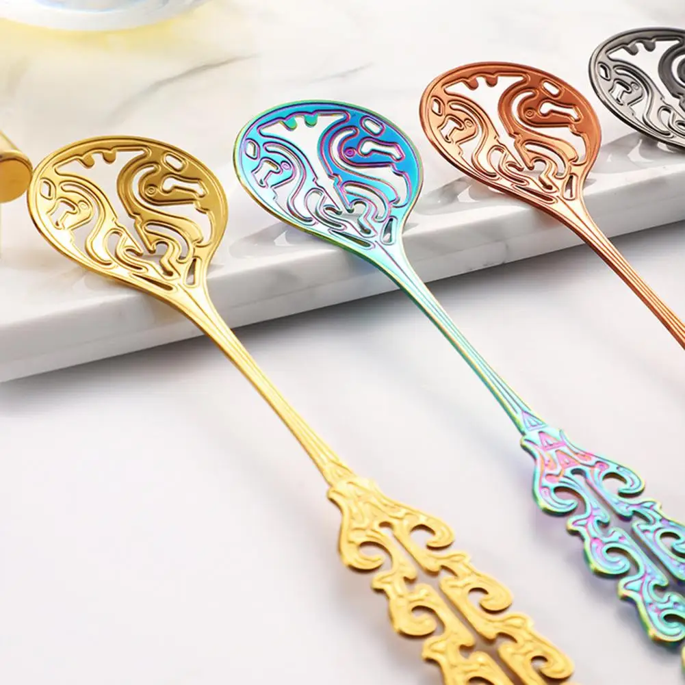 

Reliable Family-safe Utensils Colorful Vintage Stainless Steel Spoon Set for Desserts Soups Salads Hollow Handle for Coffee