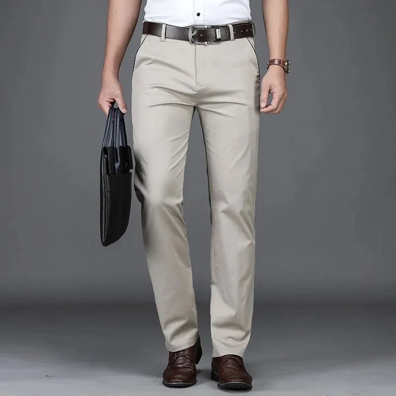 thumbnail image 1 of Pantalones casuales de algodón fino de estilo clásico de verano para hombre, pantalones beige rectos y holgados a la moda para negocios, ropa de marca para hombre, 1 of 5