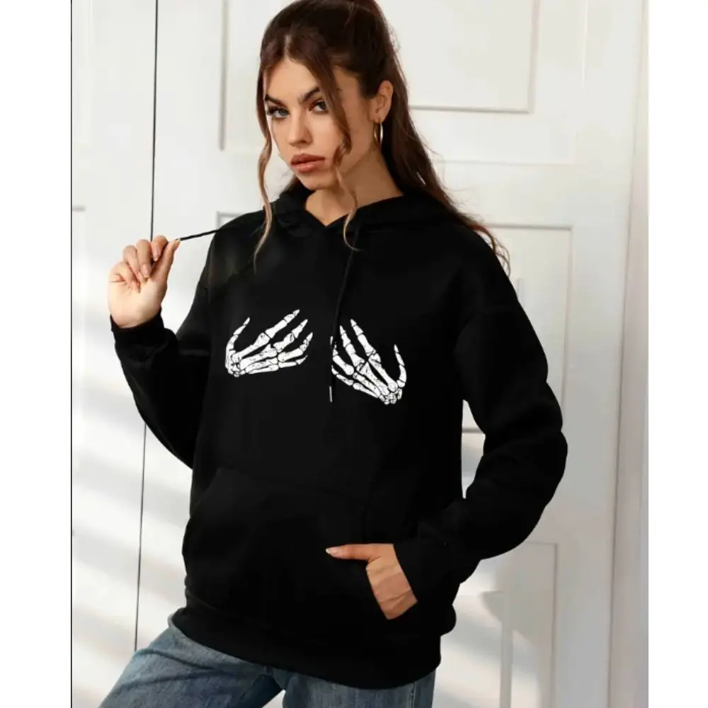 Halloween Skeleton Hand Print Hooded Sweatshirt Loose Drawstring Pockets Pullover Sweater Luxury Designer Top Women's Clothing