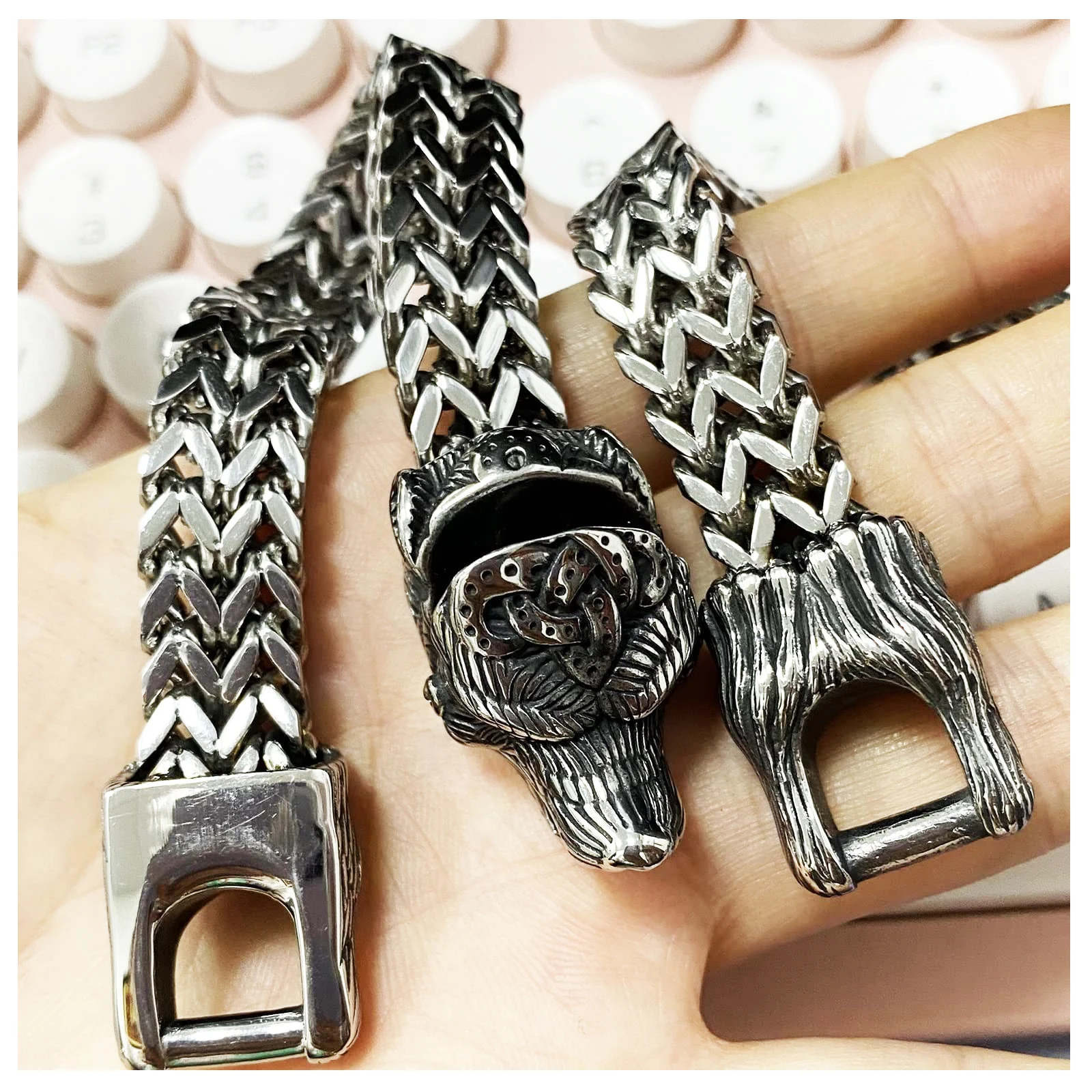 Norse Viking Vintage Wolf Punk Bracelet Wholesale Fashion Thick France Chain Cuff Stainless Steel Designer with Jewelry for Men