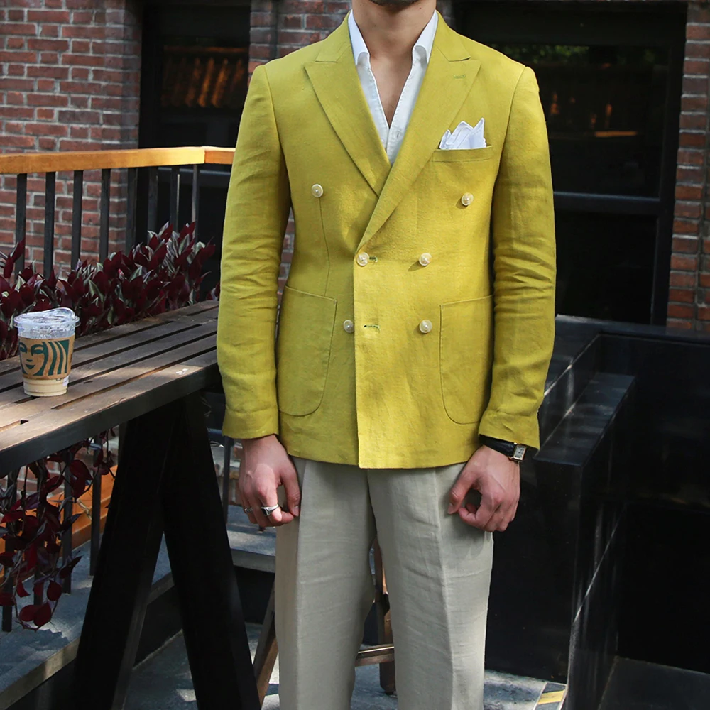 Linen Men Blazer Casual Double Breasted Suit Jacket