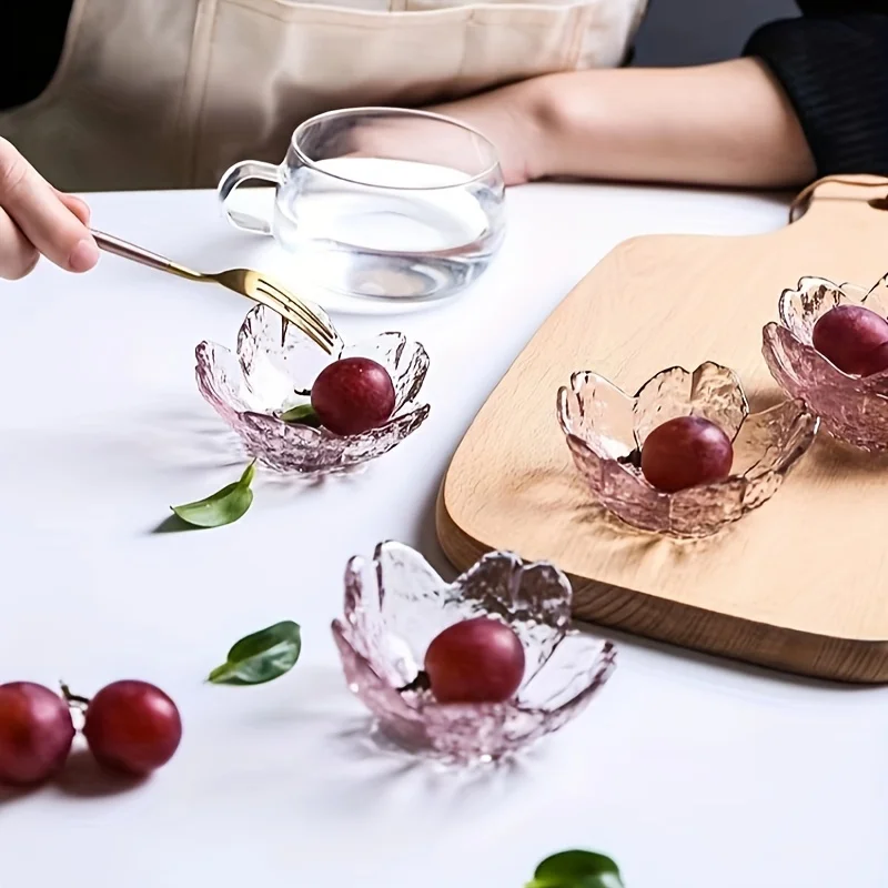 6Pcs Japanese Cherry Glass Plates, Stylish Elegant Vintage Plate For Snack Dessert Fruit Dish Snack Jam, Novelty Flatware, Kitc
