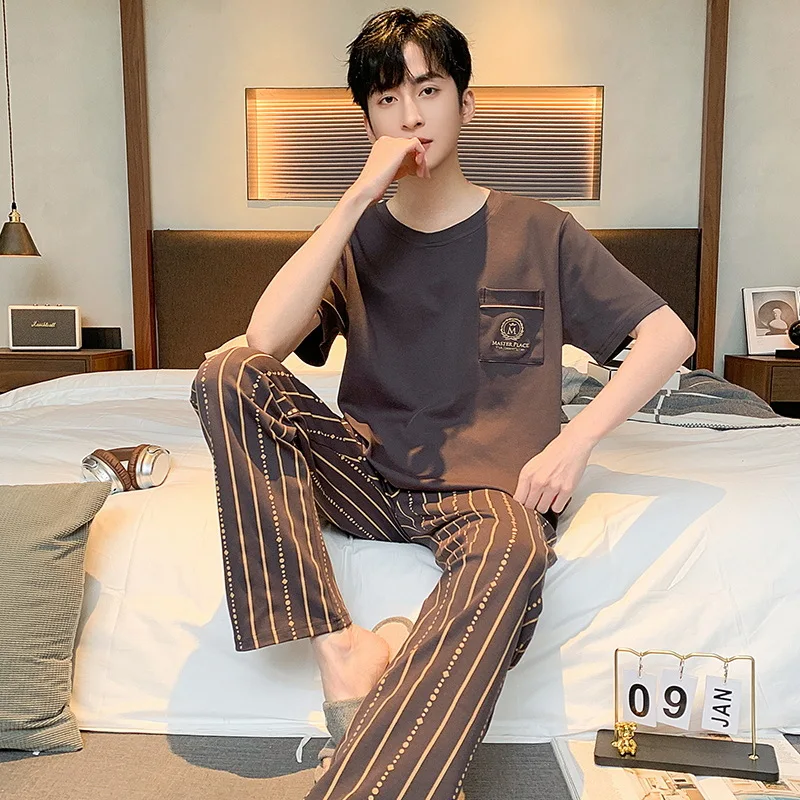 Spring Summer Size L-3XL Men's Pajamas Teenage Long-Sleeved Pajamas Set Loose Casual Homewear  Suit  Two-Piece  Soft Pure Cotton