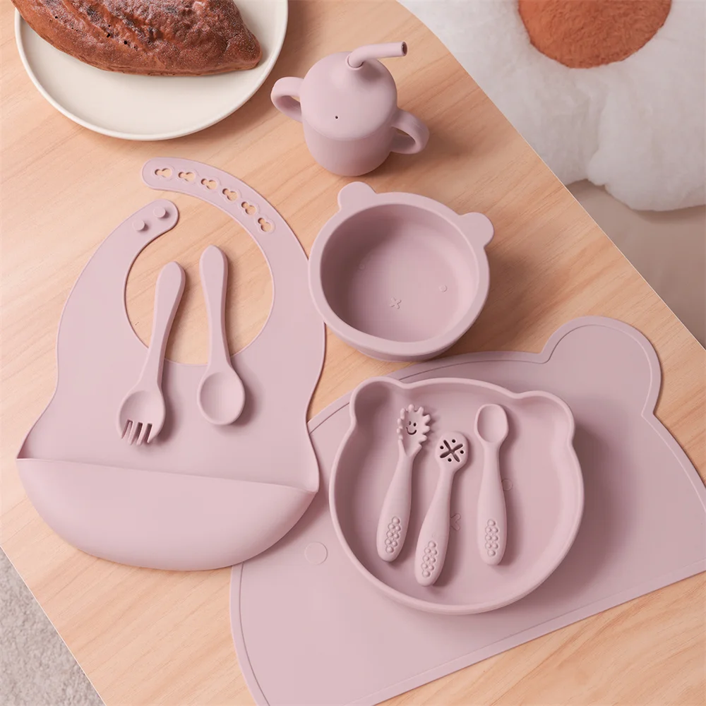 Color Kids 10PCS Soft Silicone Baby Feeding Set Suction Bowl Plate Bib Cup Utensils Waterproof Placemat Toddler Tableware Kit