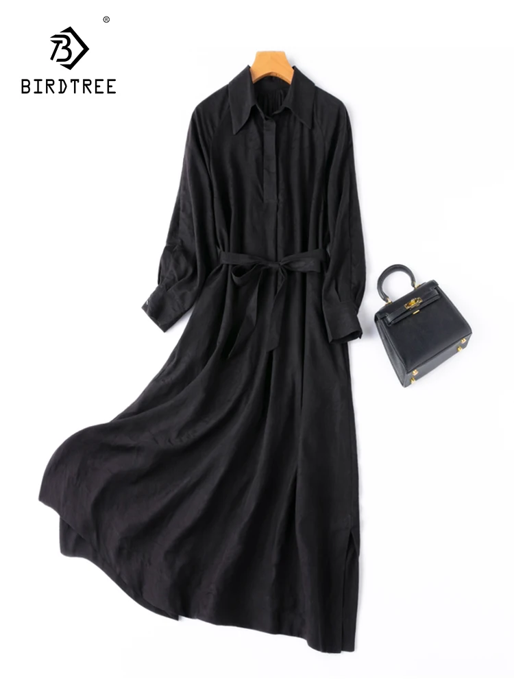 

Birdtree 40MM 100%Mulberry Silk Jacquard Dress Watered Gauze Loose Long Raglan Sleeve Robe Elegant Versatile Dress New D3N826QC