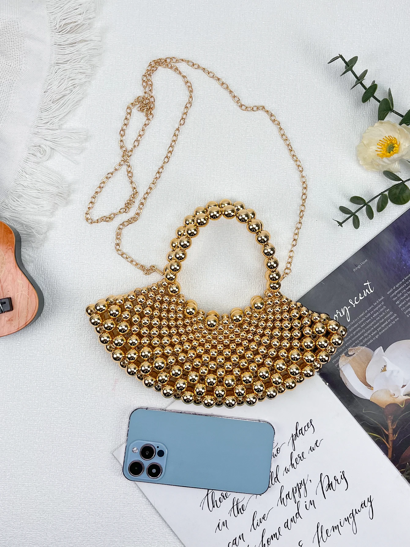 Summer high-end niche watch fan-shaped bead bag for women 2026+new crossbody handmade hollow bag