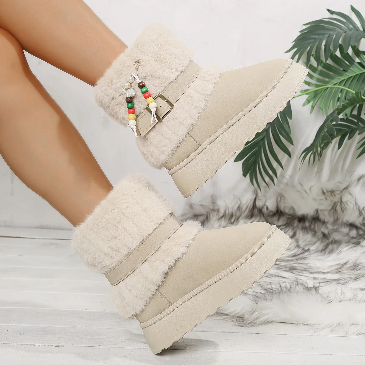 2025 Winter Fashion Faux Fur Non Slip Snow Boots Women Colorful Bead Decoration Thick Bottom Boots Short Plush Ankle Booties