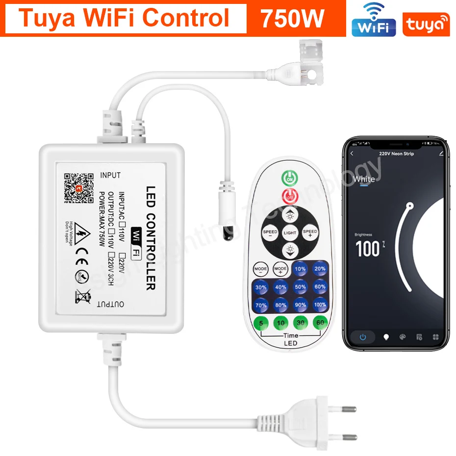 220V COB Strip Light Controller Dimmable Remote/Bluetooth/Tuya Smart WiFi Control  for 2 Pin 2835 Single Color LED COB Strip