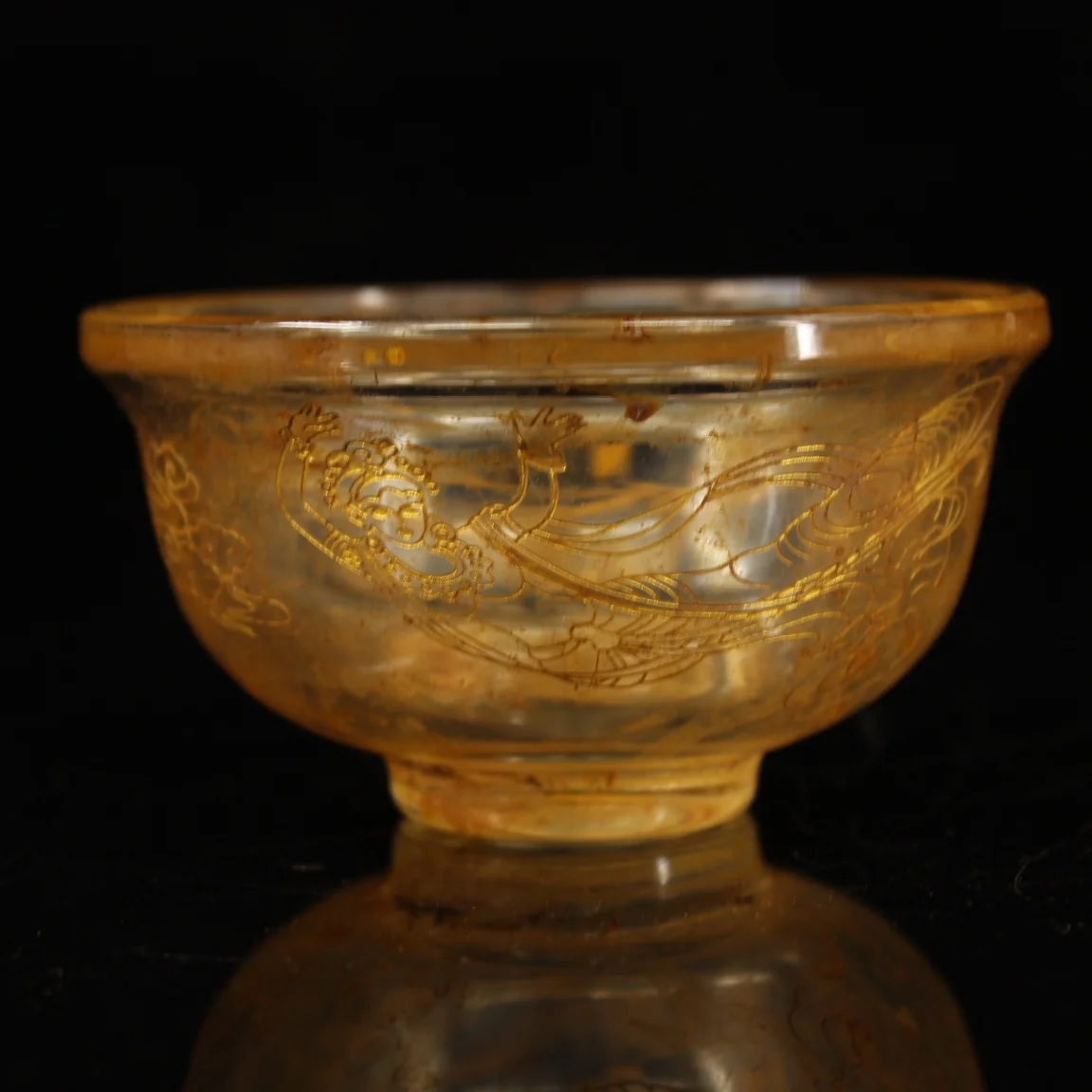 

4"Tibetan Temple Collection Old Natural Crystal Outline in gold flying girl lady figure small Bowl offering Bowl Town house