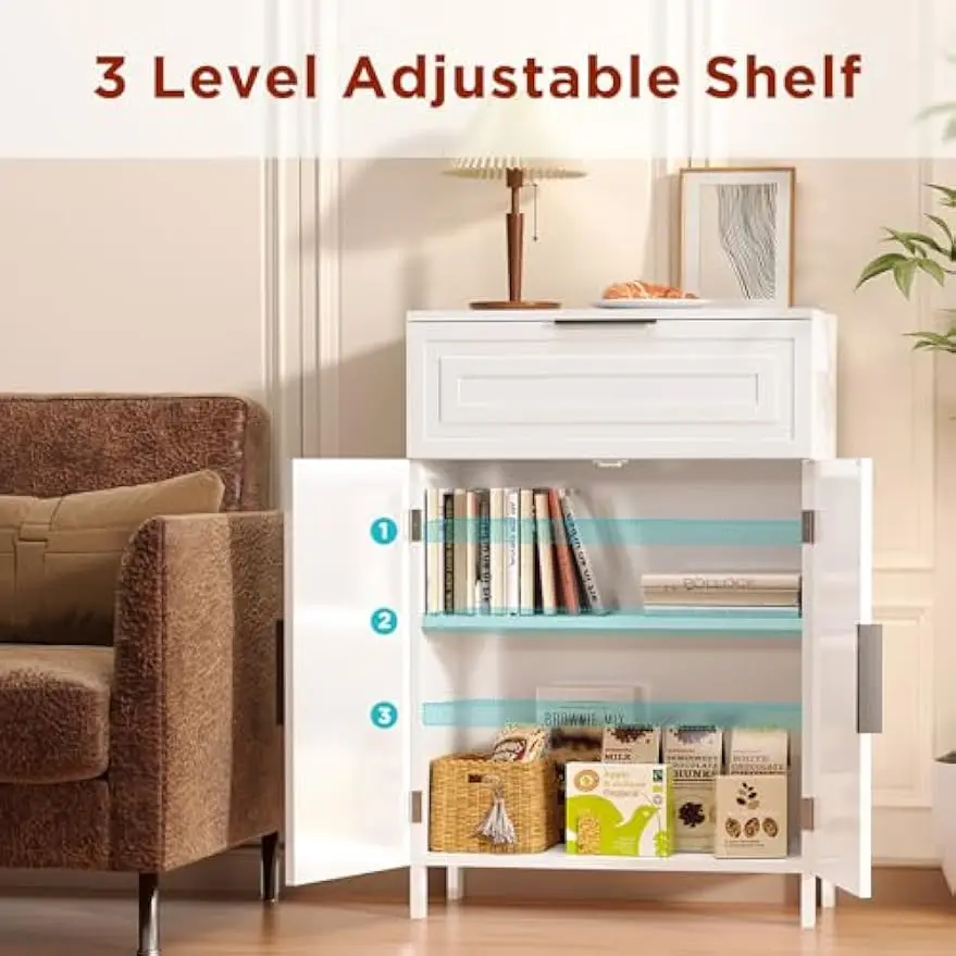 Storage Cabinet Bathroom Floor Cabinet Kitchen Fluted Coffee Bar Cabinet for Living Room Entryway Garage 23.6x11.8x35.4 White