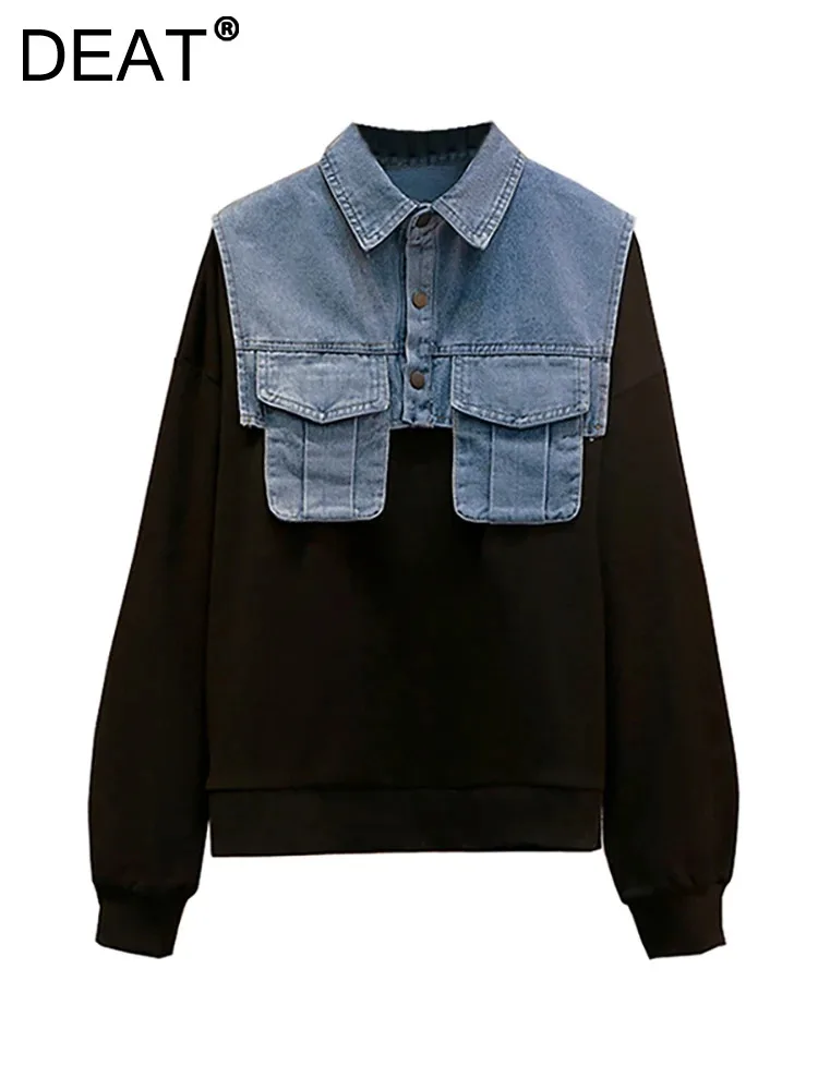 

DEAT Women's Hoodies Patchwork Denim Pockets Loose Single Breasted Long Sleeve Female Blouse 2024 Spring New Fashion 29L5400