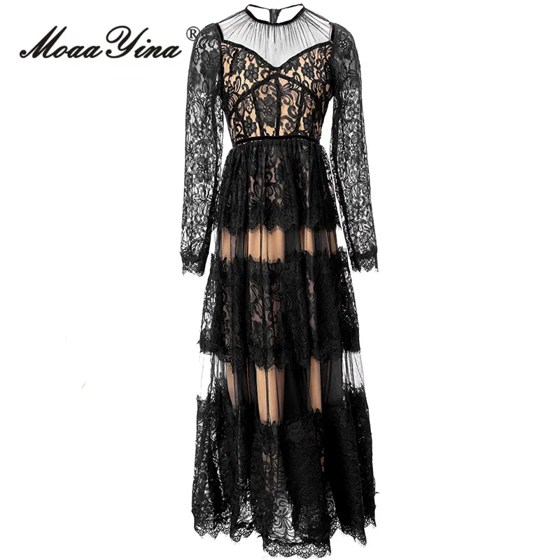 

MoaaYina Autumn Fashion Runway Black Vintage Party Dress Women O Neck High Waist Hollow Out Lace Spliced Slim A-LINE Long Dress